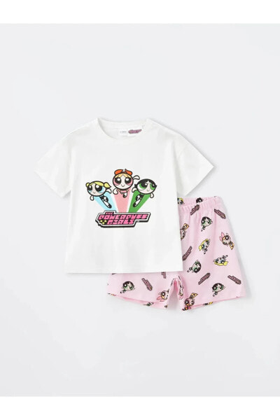 LCW Kids Bisiklet Yaka PowerPuff Girls Baskılı Kısa Kollu Kız Çocuk Şortlu Pijama Takımı