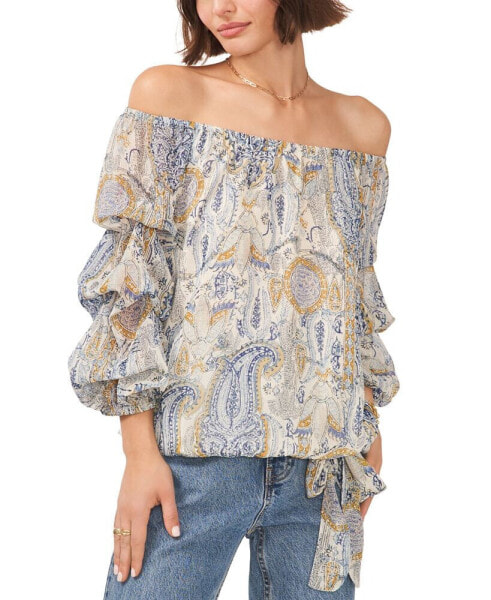 Women's Paisley Off The Shoulder Bubble Sleeve Tie Front Blouse