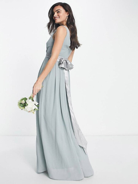 TFNC Bridesmaid bow back maxi dress in sage green