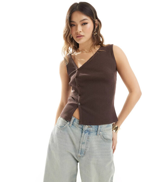 ASOS DESIGN asymmetrical button through top in chocolate