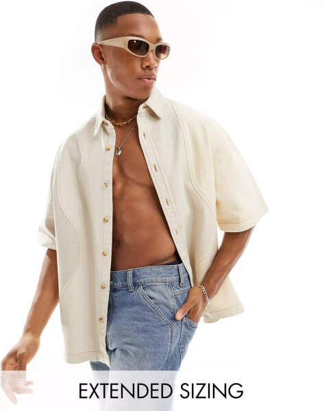 ASOS DESIGN oversized denim shirt with cut and sew in stone