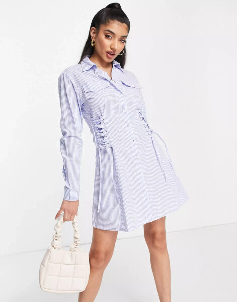 Pimkie long sleeve button down poplin shirt dress in blue and white strips