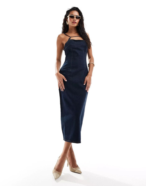 Lioness denim strappy square neck midi dress in indigo