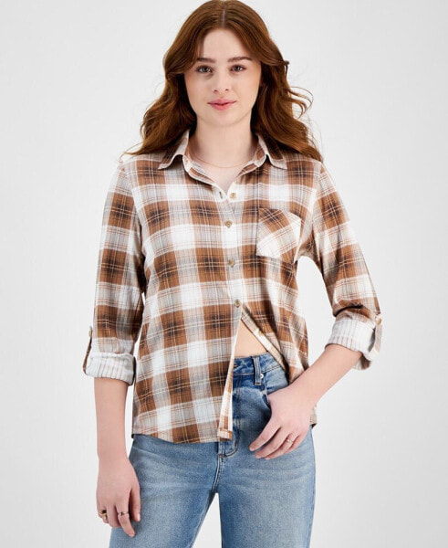 Juniors' Cozy Plaid Collared Knit Shirt