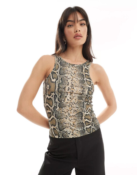 Pieces racer neck vest top in snake print