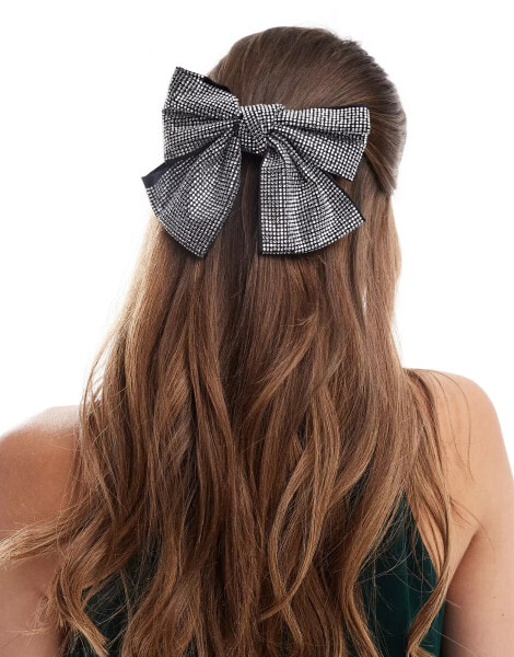 Pieces diamonte bow hair clip in black