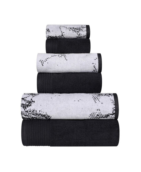 Quick Drying Cotton Solid and Marble Effect 6 Piece Towel Set
