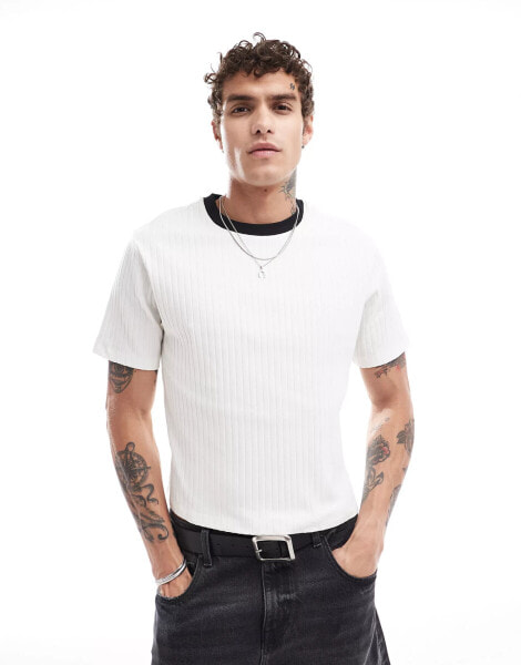 ASOS DESIGN standard fit ribbed t-shirt with contrast neck in white