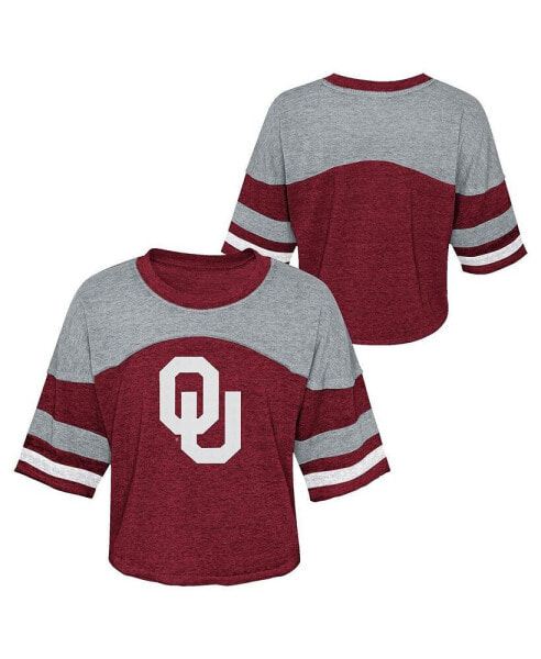 Big Girls Crimson Distressed Oklahoma Sooners Sunday Friday Sleeve Stripe Jersey T-shirt