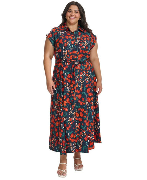 Plus Size Printed Cap-Sleeve Shirtdress