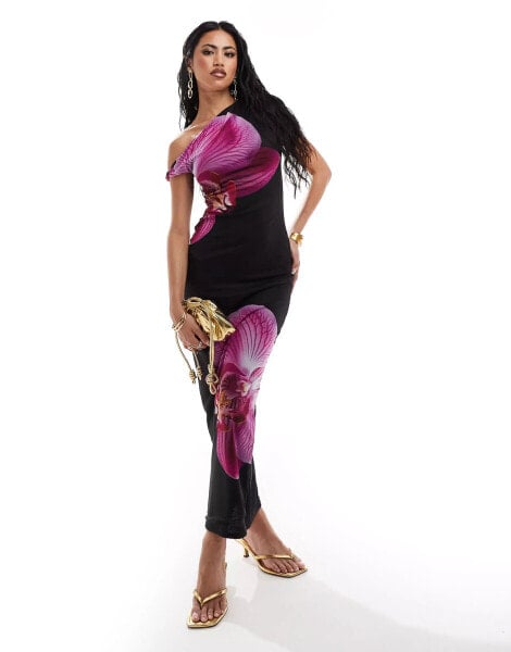 Kaiia slinky one shoulder maxi dress with mesh overlayer in black and purple flower print