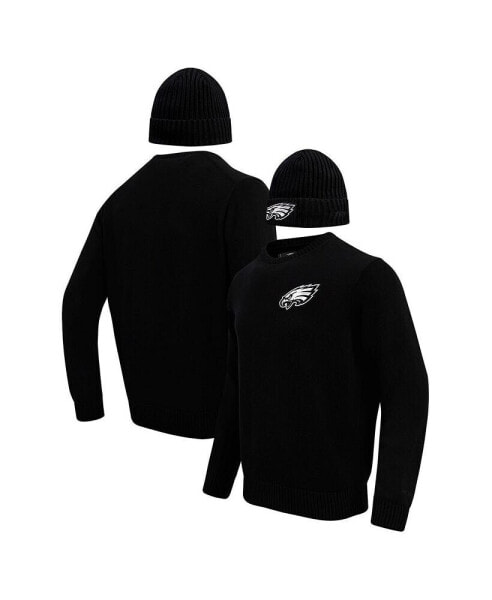 Men's Black Philadelphia Eagles Crewneck Pullover Sweater and Cuffed Knit Hat Box Gift Set