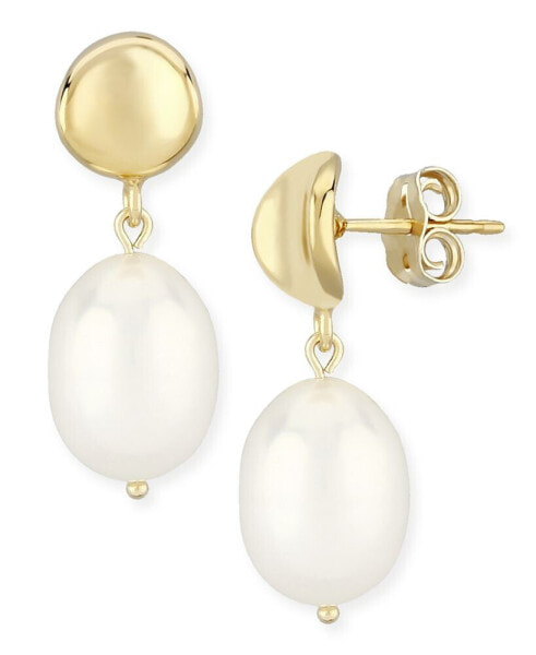 Dapped Disk Pearl(10 x 8mm) Drop Earrings Set in 14k Yellow Gold