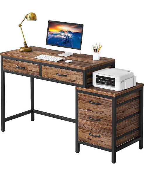 Desk with 5 Drawers, Computer Table, PC Table with Switchable Chest of Drawers, Printer Stand, Wooden Desk Table for Office, Living Room, Home, 130 x 45 x 82 cm