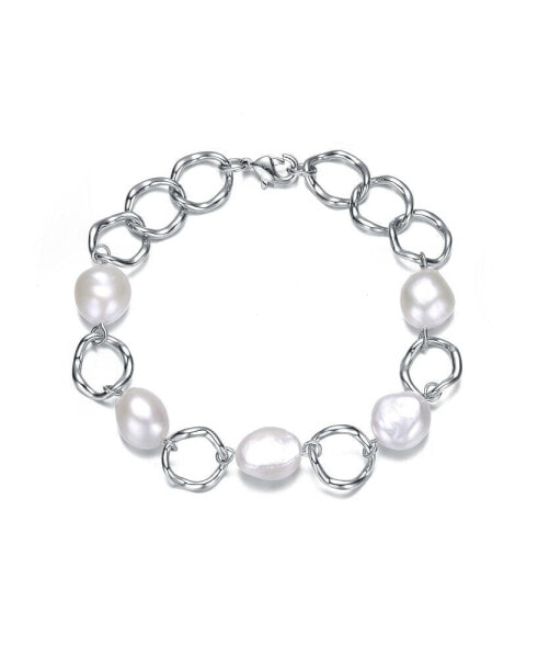 Sterling Silver 14K Gold Plated Genuine Freshwater Pearl Chain Bracelet