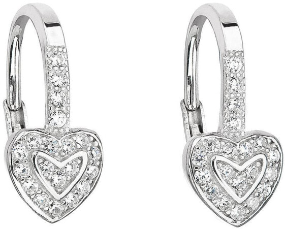 Silver earrings with zircon white heart 11189.1
