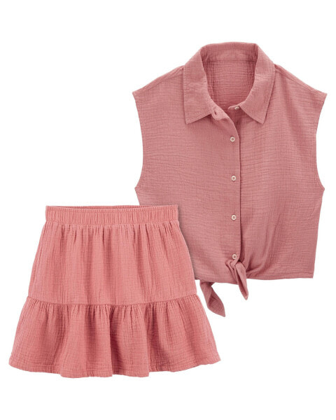 Kid 2-Piece Button-Up Tie-Front Gauze Top & Tiered Skort Set 4