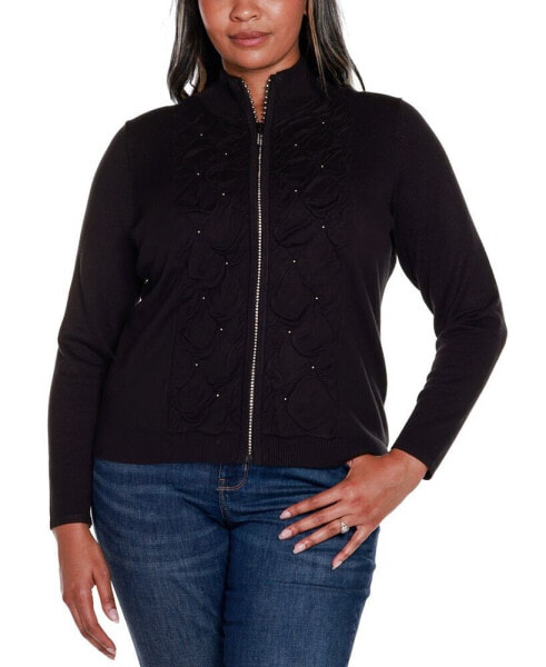 Black Label Plus Size Rhinestone-Zip Embellished Cardigan Sweater