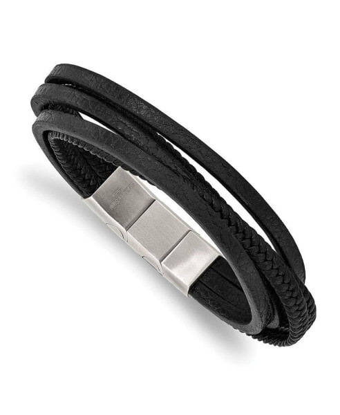 Stainless Steel Multi Strand Black Leather Bracelet