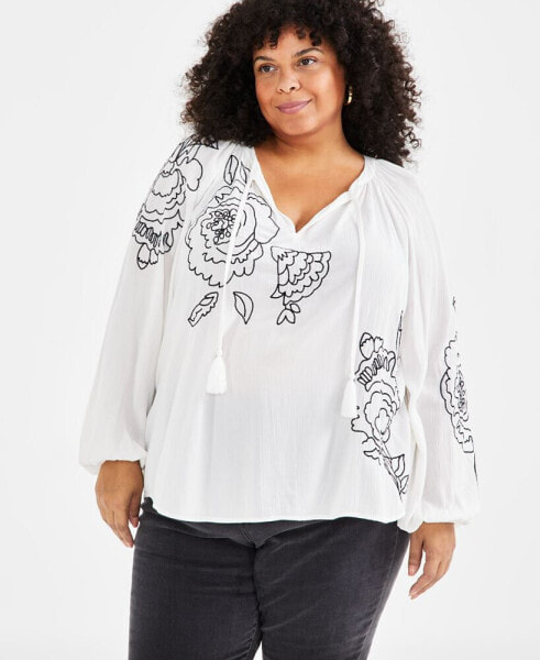 Plus Size Floral-Embroidered Popover Blouse, Created for Macy's