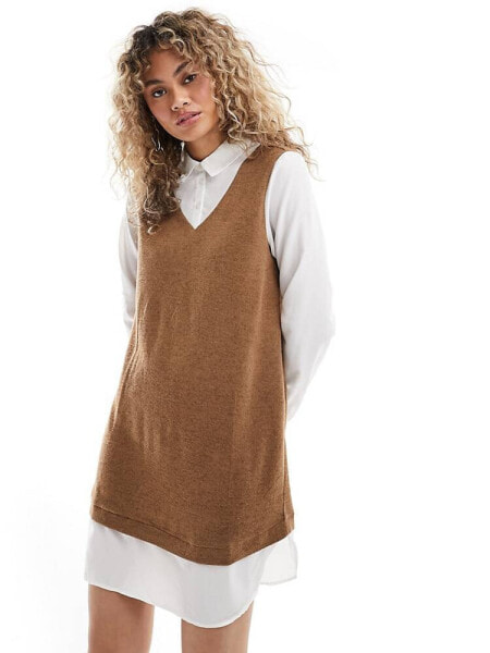 JDY 2 in 1 shirt jumper dress in brown