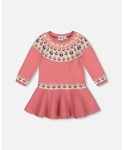 Baby Girls Baby Knit Dress With Round Intarsia Flowers Light Pink