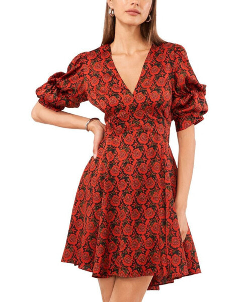 Women's Printed V-Neck Tiered Bubble Puff Sleeve Mini Dress