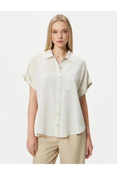 Kadın Kısa Kollu Düğmeli Klasik Yaka Keten Karışımlı Gömlek 4SAK60026PW
