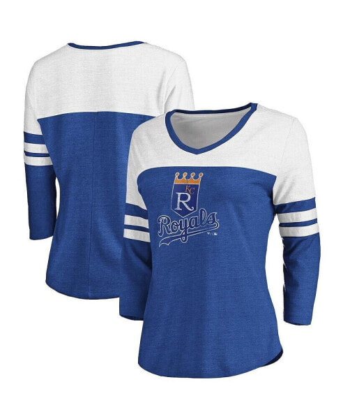 Women's Heathered Royal and White Kansas City Royals Two-Toned Distressed Cooperstown Collection Tri-Blend 3/4-Sleeve V-Neck T-shirt