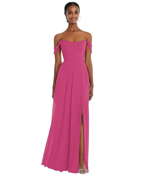 Off-the-Shoulder Basque Neck Maxi Dress with Flounce Sleeves