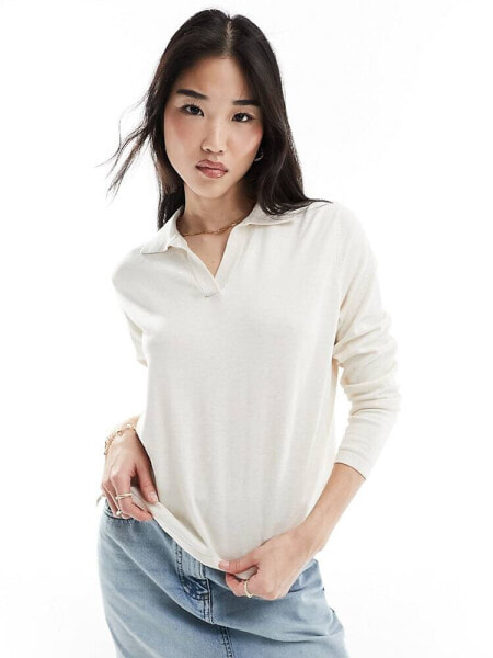 Selected Femme knitted long sleeve polo in beige 