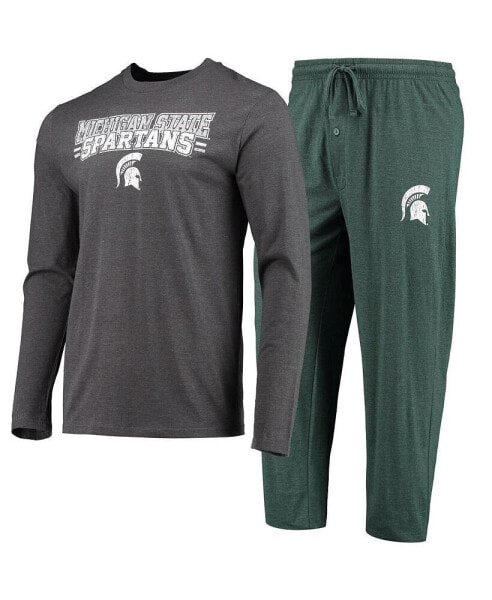 Men's Green, Heathered Charcoal Distressed Michigan State Spartans Meter Long Sleeve T-shirt and Pants Sleep Set