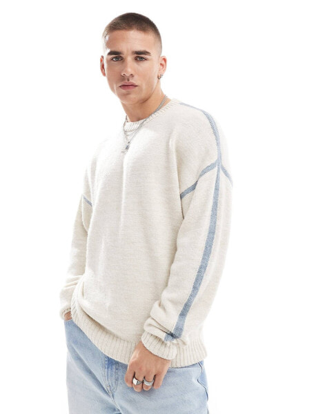 ASOS DESIGN relaxed knitted jumper in ecru with blue seams