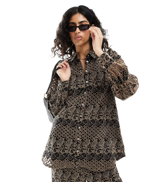 YAS broderie oversized shirt co-ord in black and deep beige - MULTI