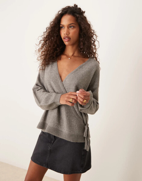 Vila relaxed wrap front cardigan in grey