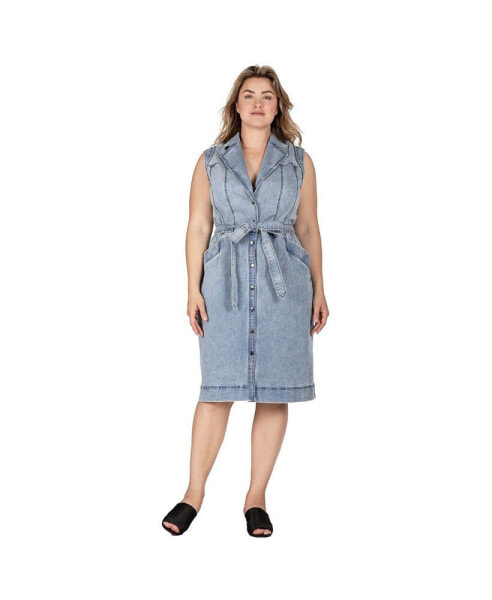 Women's Plus Size Belted Denim Pocket Midi Dress