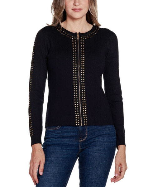 Black Label Women's Crewneck Embellished Zip Cardigan Sweater