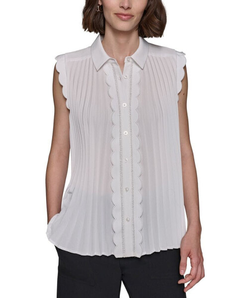 Women's Scalloped Pleated Button-Down Top