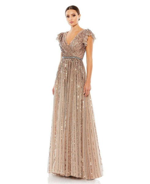 Women's Sequined Wrap Over Ruffled Cap Sleeve Gown