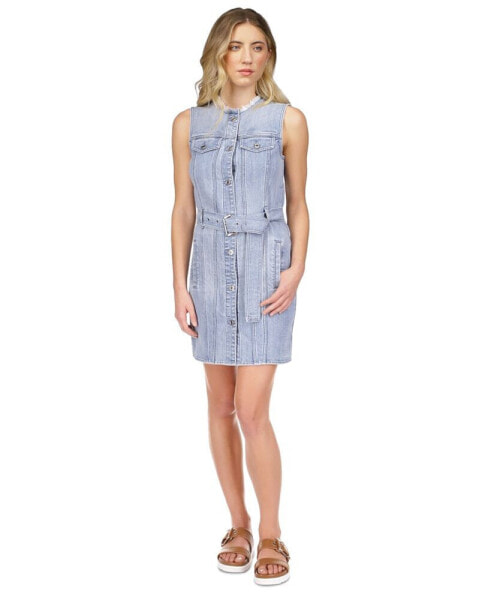 Women's Denim Frayed-Neck Sleeveless Dress