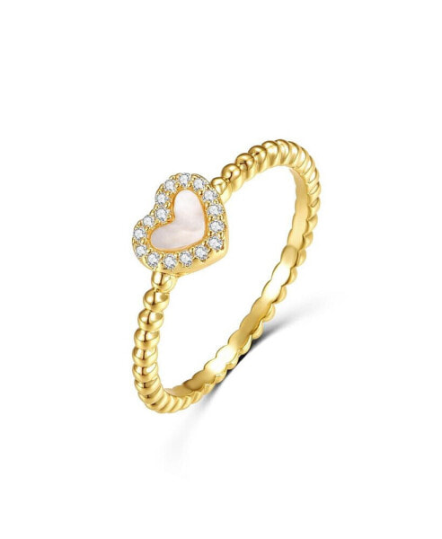 RA 14k Yellow Gold Plated with Mother of Pearl & Cubic Zirconia Beaded Band Promise Stacking Ring