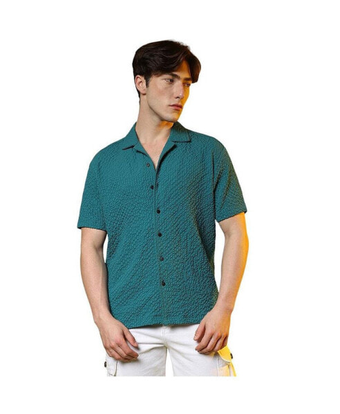 Men's Teal Green Self-Design Creased Striped Shirt