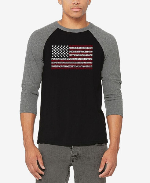 Men's Raglan Baseball 3/4 Sleeve 50 States USA Flag Word Art T-shirt
