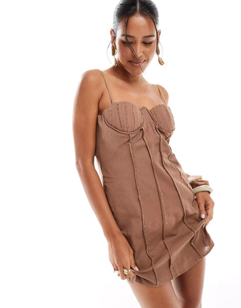 ASOS DESIGN linen corset panelled mini dress with exposed frayed seaming in brown