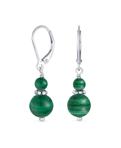 Gemstone Natural Dark Green Malachite Boho Bali Edged Beaded Rondel Separator Double Ball Round Drop Dangle Earrings Sterling Silver Lever back