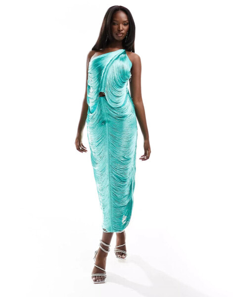 Rare London fringe midi skirt co-ord in turquoise