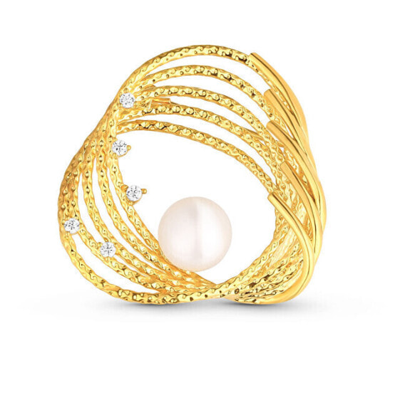 Gold-plated pearl brooch with real pearl and zircons JL0846