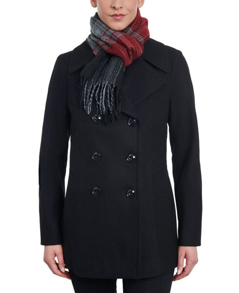 Women's Double-Breasted Wool Blend Peacoat & Plaid Scarf