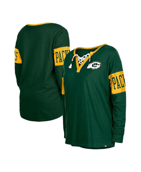 Women's Green Green Bay Packers Lace-Up Notch Neck Long Sleeve T-shirt