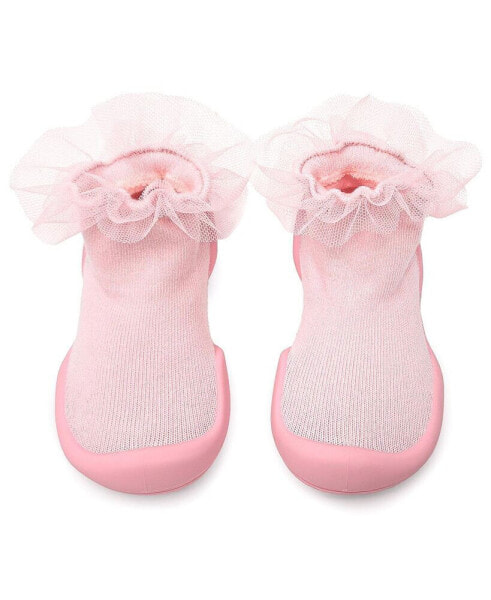 Baby Girls First Walk Sock Shoes Lace trim - Tull Trim Pink